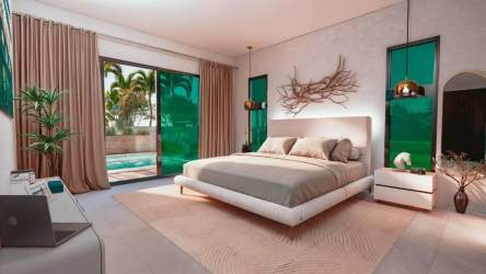 Modern bedroom with large sliding glass doors overlooking private pool tropical decor Costa Esmeralda Panama