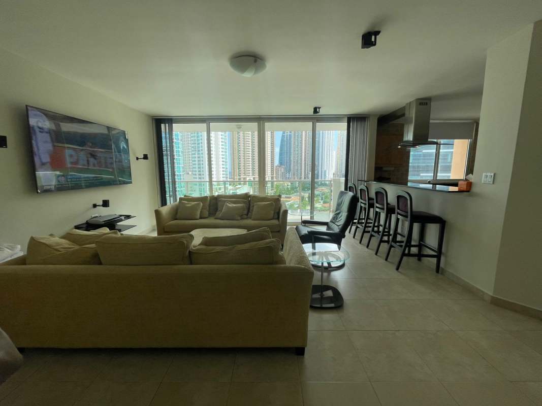 Elegant marble lobby with multiple elevators in Mystic Point tower Punta Pacifica Panama City