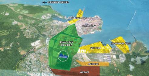 Satellite view of Colon Free Zone, Panama Canal entrance and major container terminals