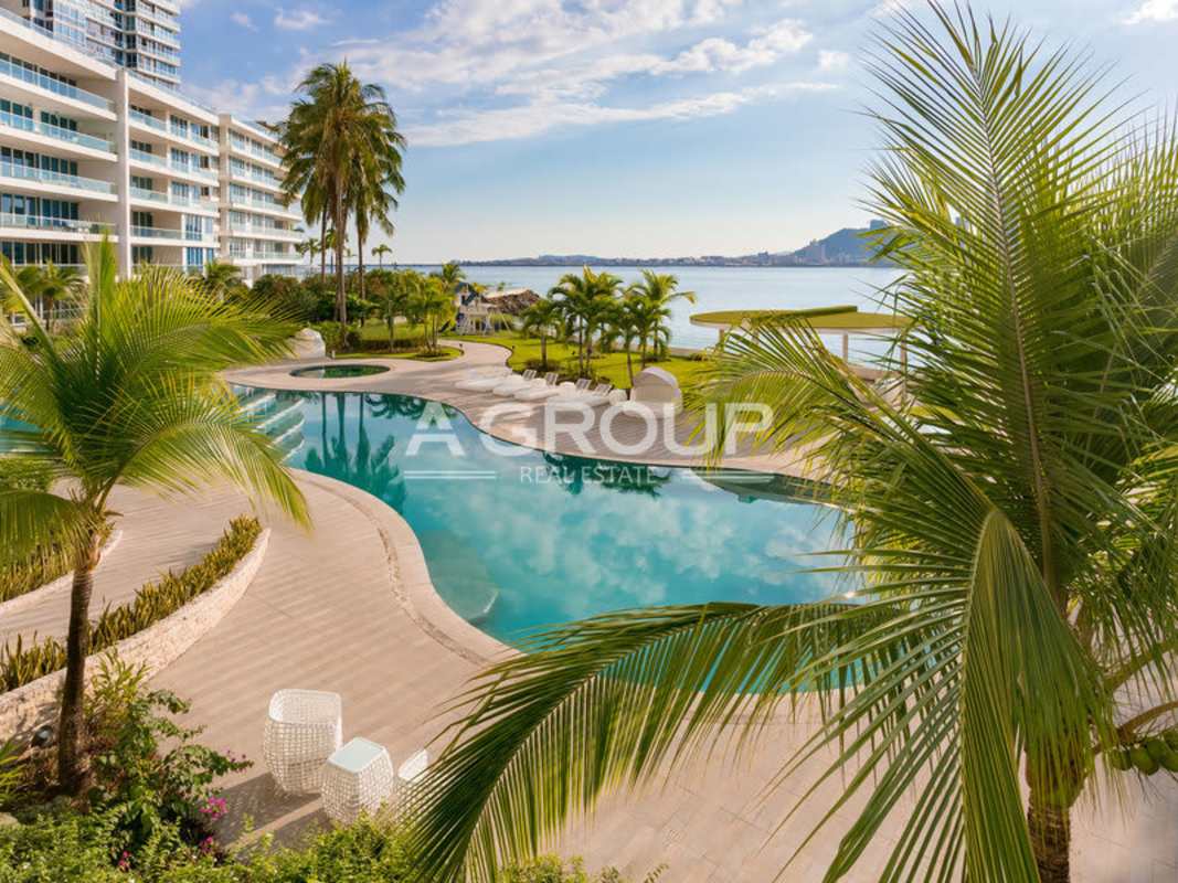 Luxury waterfront condominium with infinity pool, jacuzzi surrounded by palm trees in Panama City