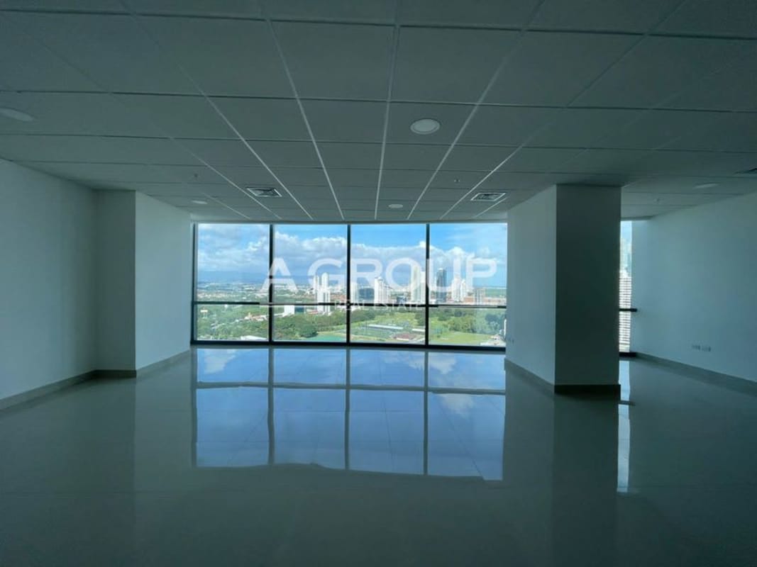 Spacious empty commercial office with full-height windows at Financial Park Tower in Panama City