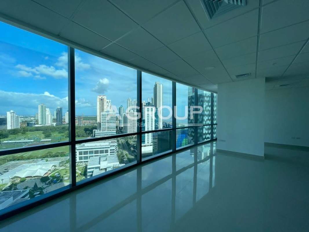 Unfurnished commercial office space with large glass windows and tiled floors at Financial Park