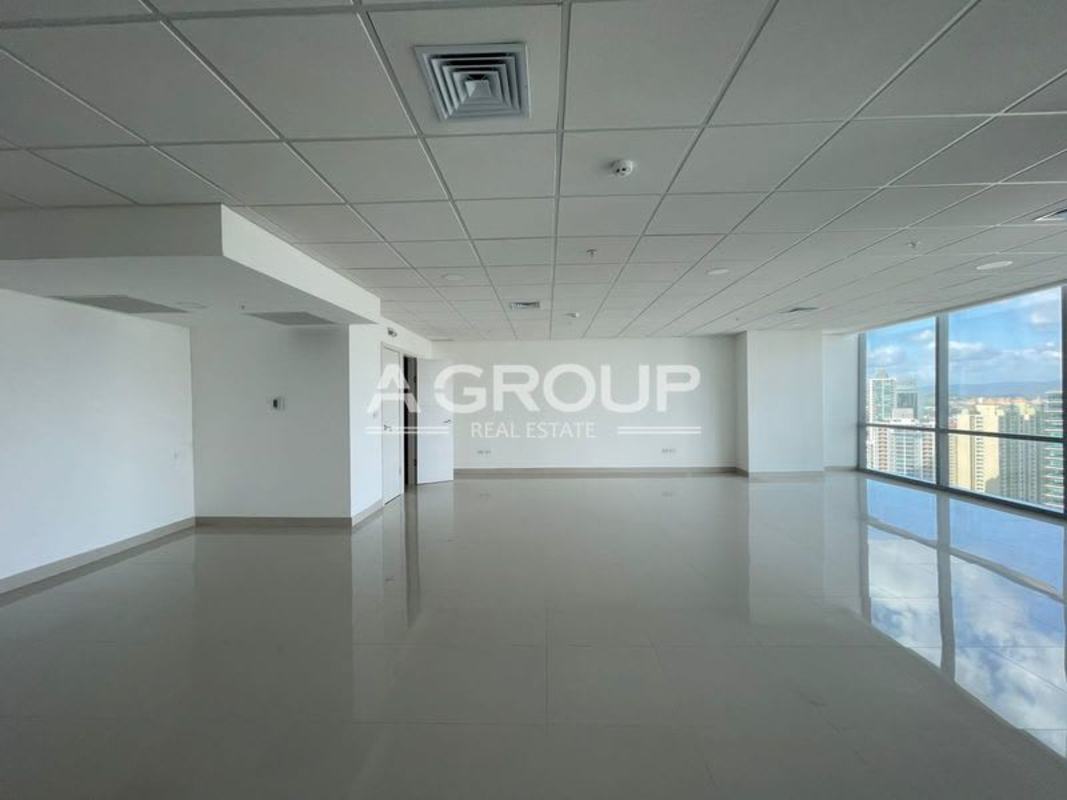 Open-plan commercial office for rent with floor-to-ceiling windows at Financial Park Costa del Este Panama City