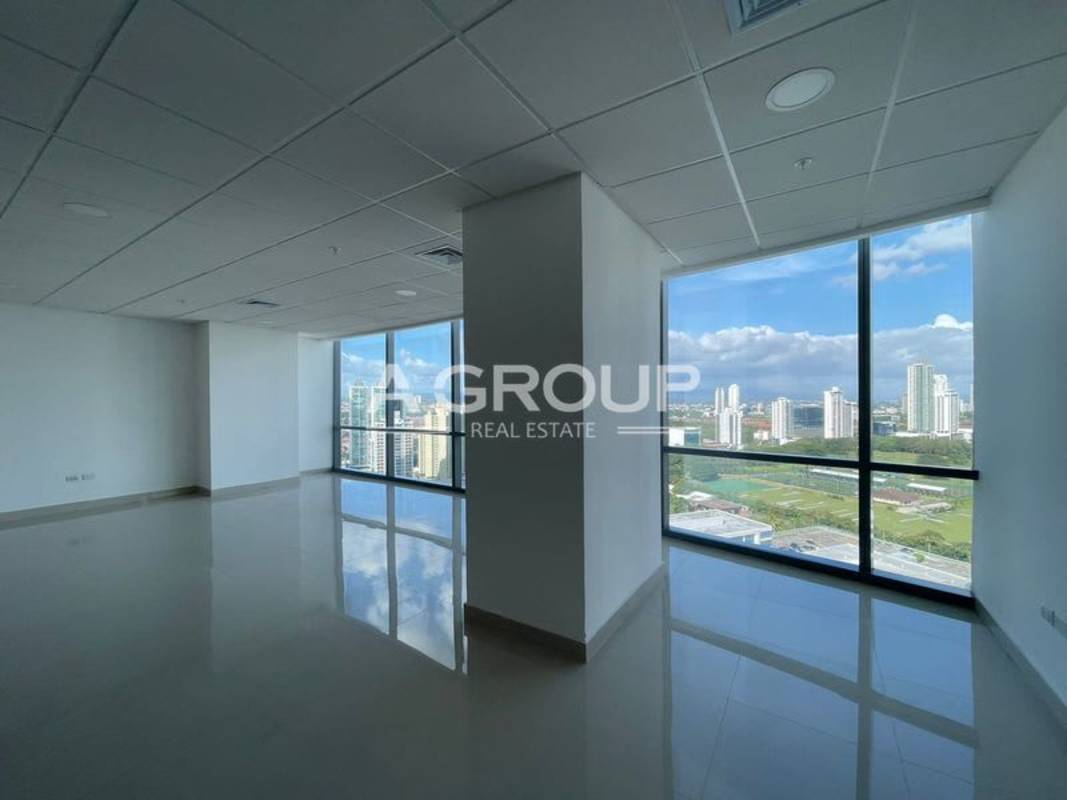 Modern empty office with panoramic windows and skyline view at Financial Park Panama
