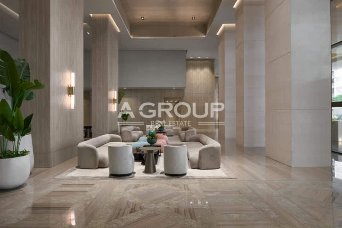 Lobby lounge at The Towers with modern sofas, chandeliers, marble floors in Punta Paitilla Panama