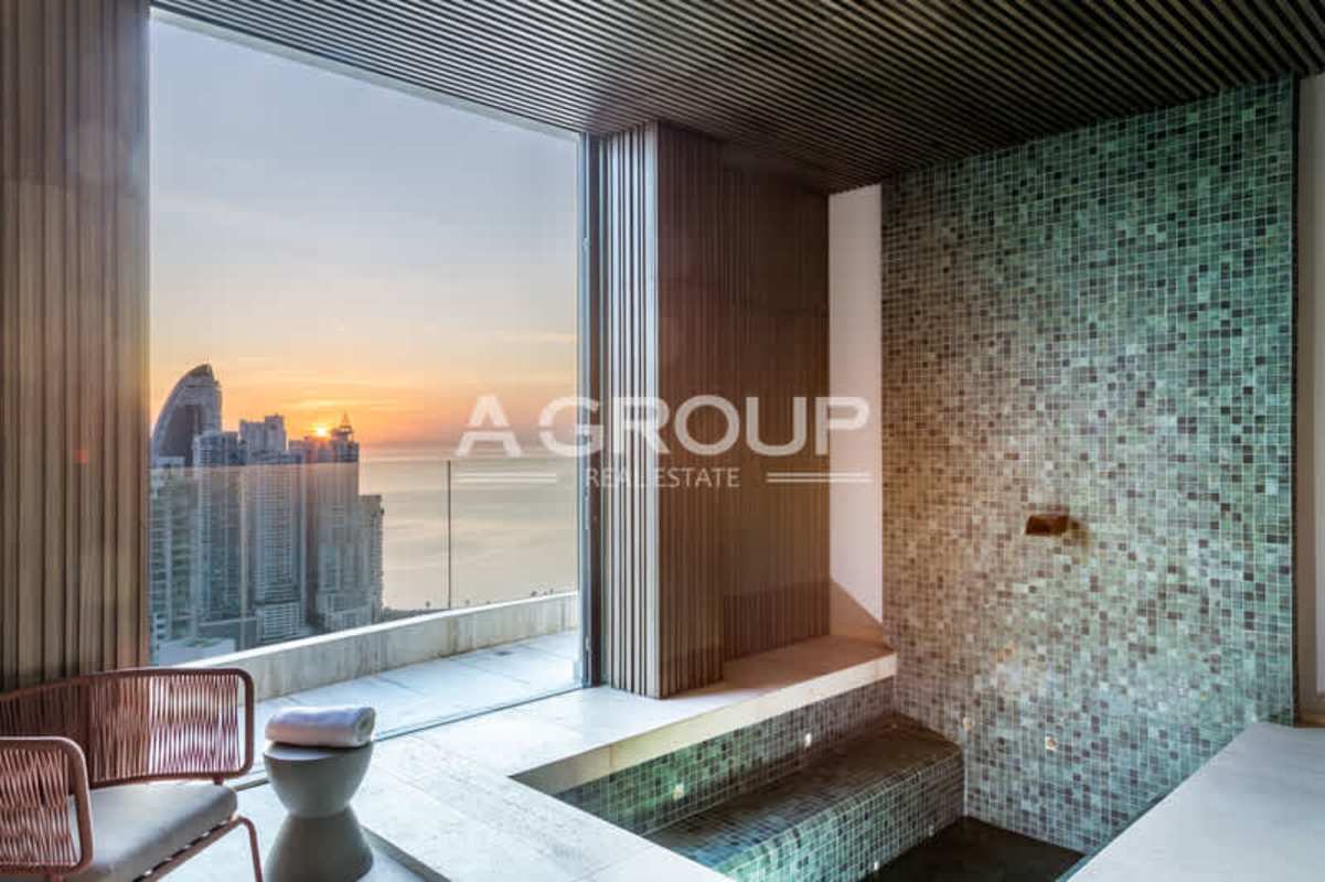 Spacious luxury lobby at The Towers Punta Paitilla featuring designer sofas and marble finishes, Panama