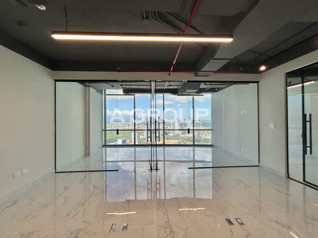 Meeting room or workspace with glass walls panoramic views Financial Park Panama