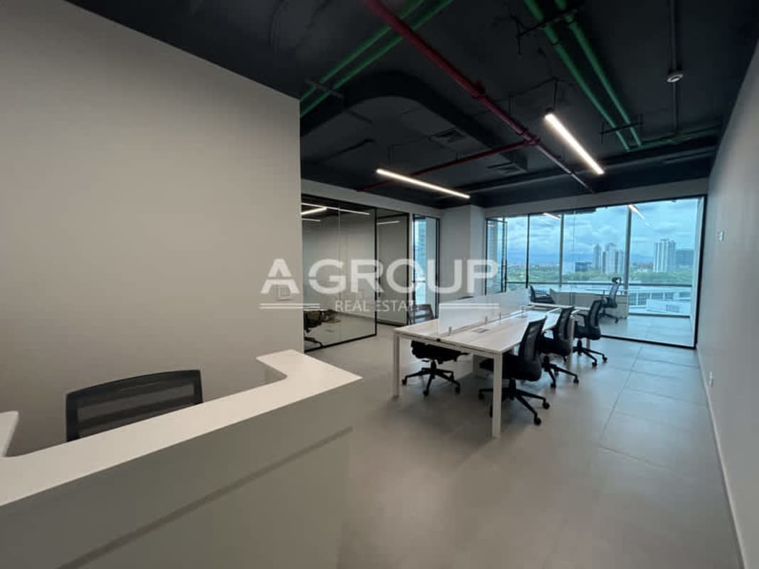 Modern open office with reception area glass meeting room Financial Park Panama