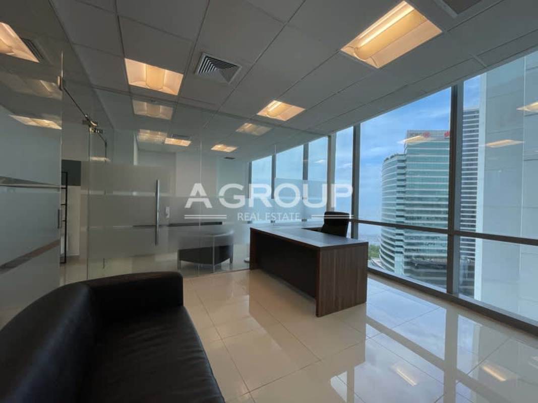 Private furnished office room with executive desk and panoramic view Financial Park Costa del Este Panama