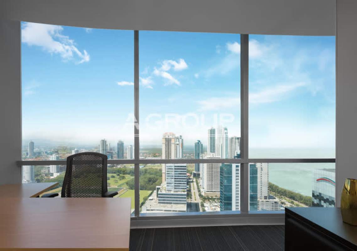 Modern furnished office space with panoramic windows and skyline view at Financial Park Costa del Este
