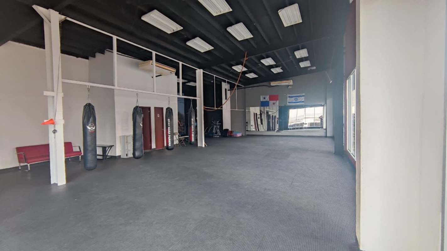 Home gym look with weights and wall mural in commercial plaza San Francisco Panama