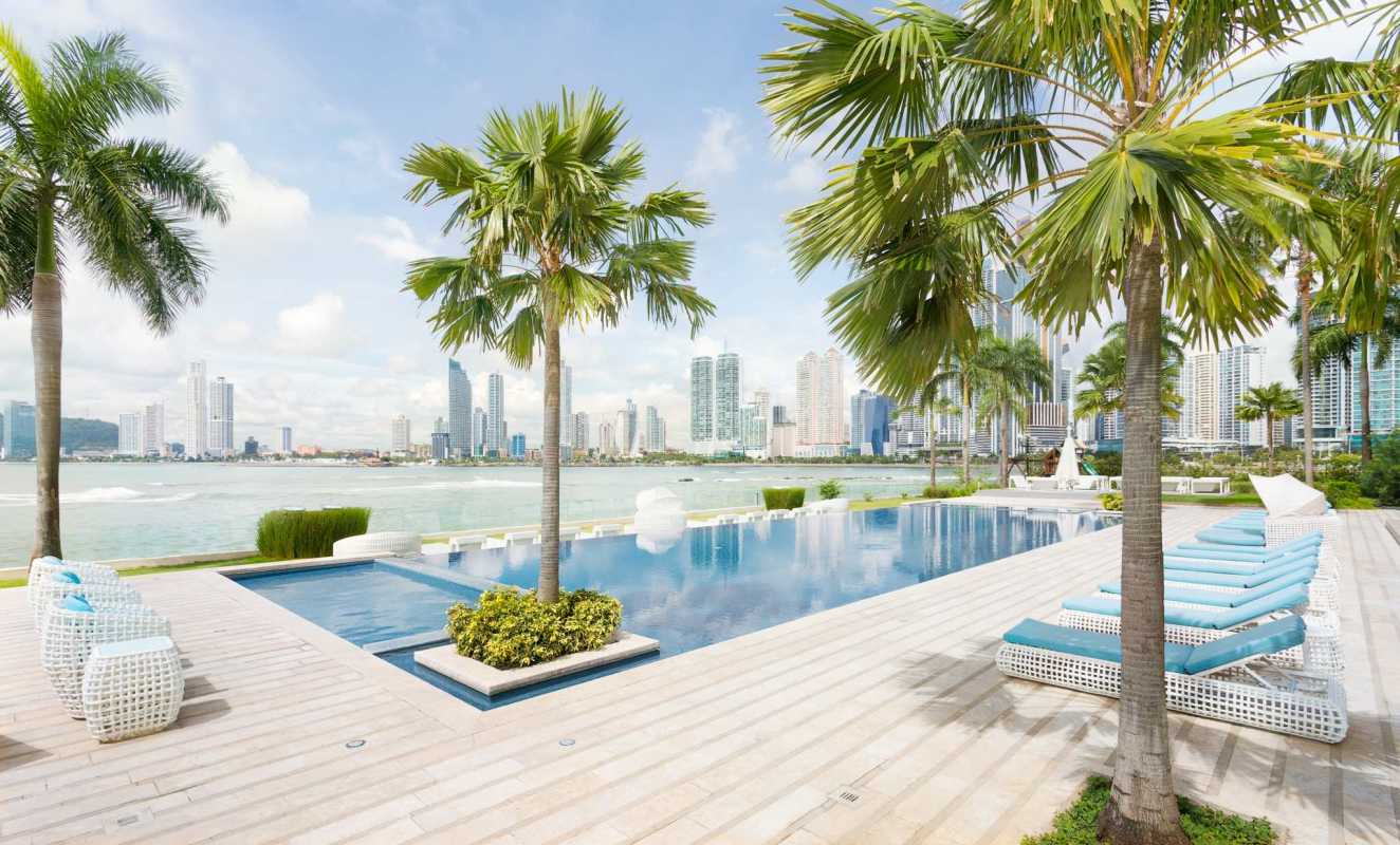 Luxury infinity swimming pool with sea skyline at The Point Tower Panama