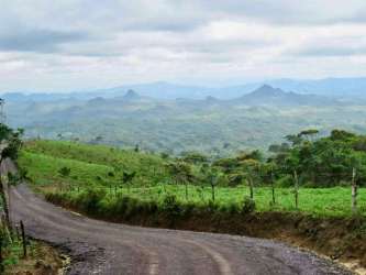 Winding dirt road leading through green rolling hills toward mountain land parcel near El Valle