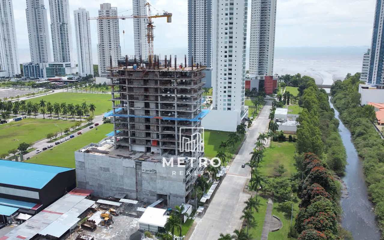 High-rise PH Arcadia tower under construction in Costa del Este Panama aerial skyline