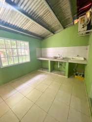 Rustic kitchen interior with large window, green walls, exposed beam ceiling in Alto Boquete