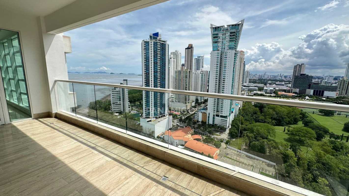 Luxury bathroom with marble counters, double sinks, glass shower at PH Aria Costa del Este Panama