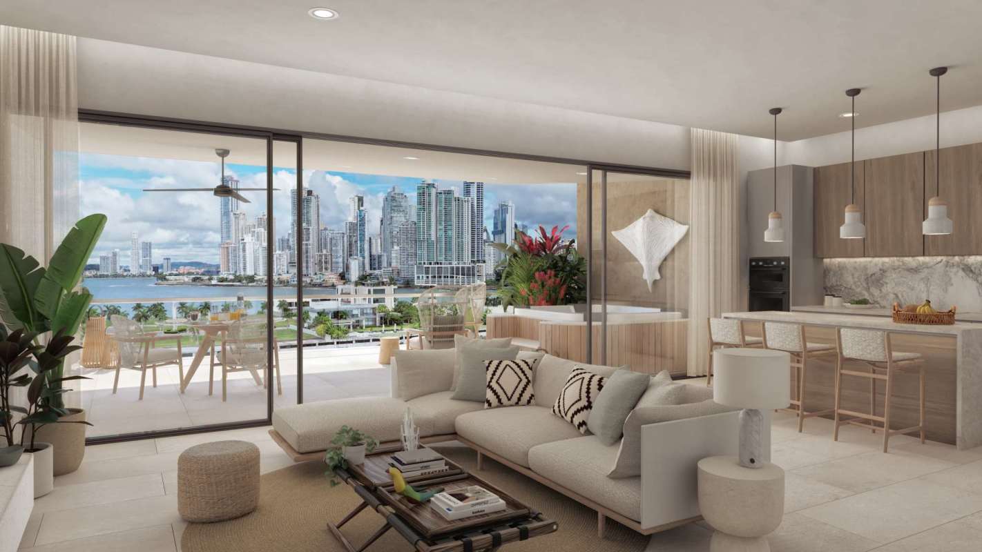 Ocean-facing balcony with outdoor dining and lounge area in Ocean Reef Islands Panama