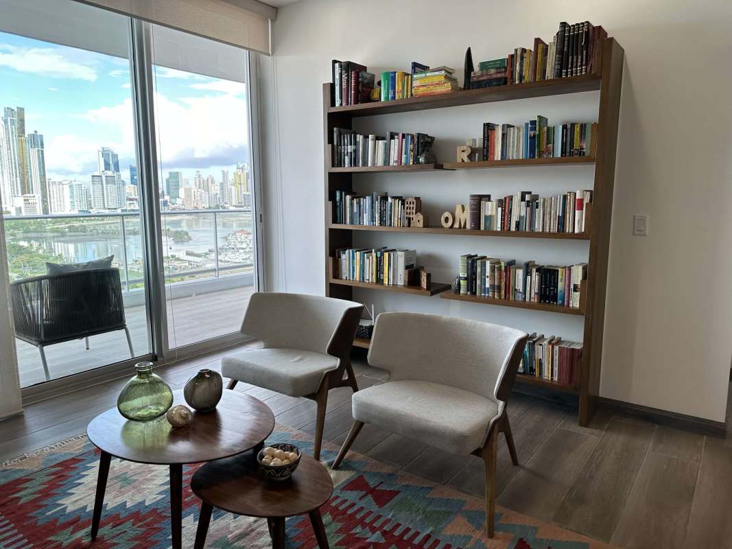 Spacious master bedroom with floor-to-ceiling glass and ocean views in PH Destiny Tower