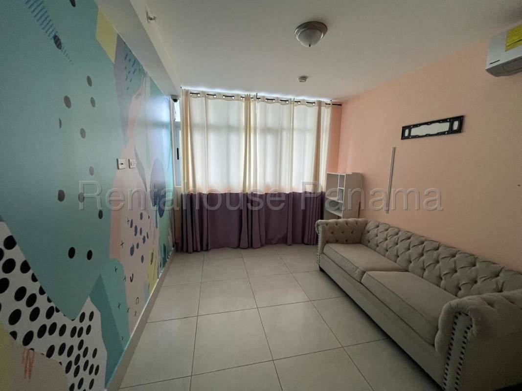 Contemporary kitchen with cabinets, granite countertop, and appliances in apartment for rent Edison Park Panama City