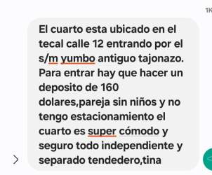 Screenshot text about room rental deposit no kids no pets El Tecal Vacamonte