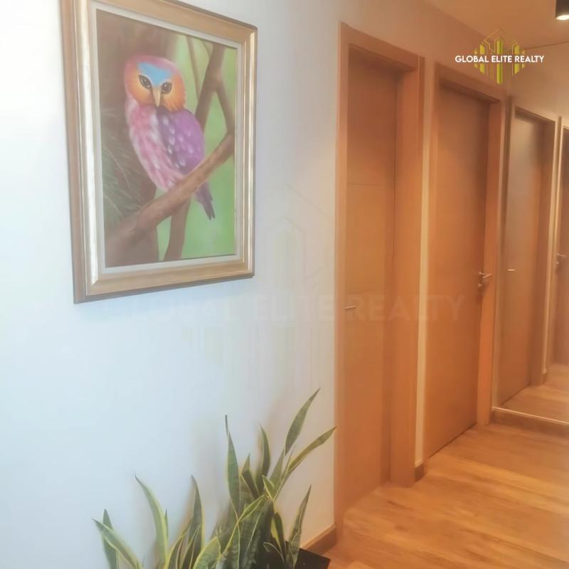 Bright furnished living room with TV, green wall and decor in PH Vía España Panama