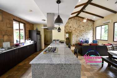 Rustic open kitchen with granite island, exposed beams, vaulted ceiling in Penonomé countryside house