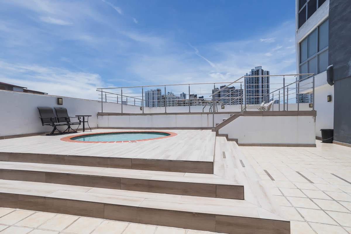 Panoramic rooftop terrace with jacuzzi and seating overlooking city skyline PH Sorrento Panama