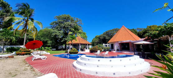 Large tropical pool with jacuzzi and shaded gazebo surrounded by palm trees at Playa Gorgona beachfront estate