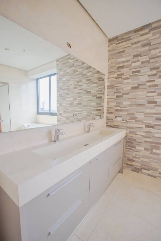 Double sink marble bathroom with mosaic wall PH Matisse Costa del Este Panama
