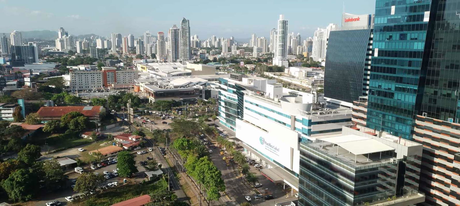 Gym inside PH Costa Pacifica with treadmills, elliptical machines, and large mirrors in Punta Pacifica Panama
