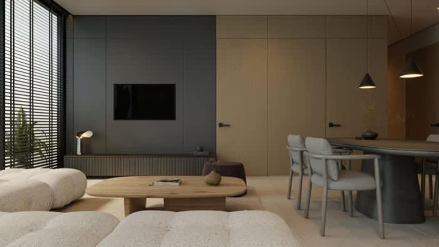 Open contemporary kitchen with stone countertops and porcelain floors at PH MOVA Obarrio