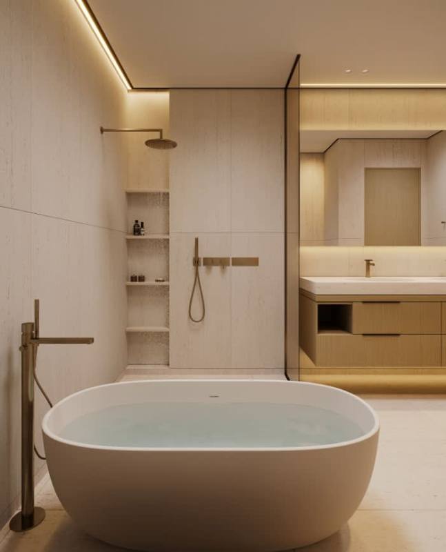 Spacious bathroom with premium porcelain tiles and glass shower at PH MOVA Obarrio