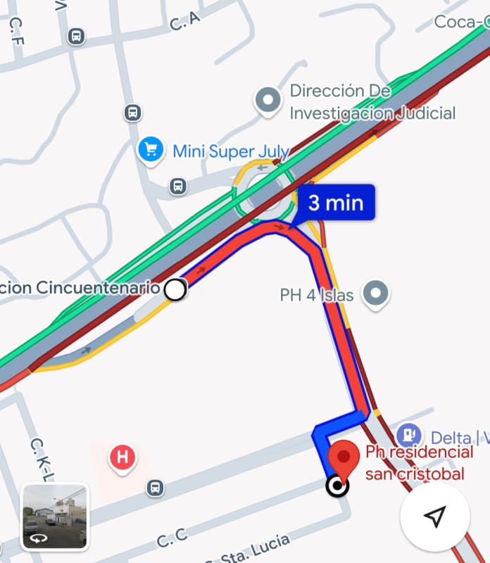 Map showing route and location of PH San Cristobal near Metro Panama City