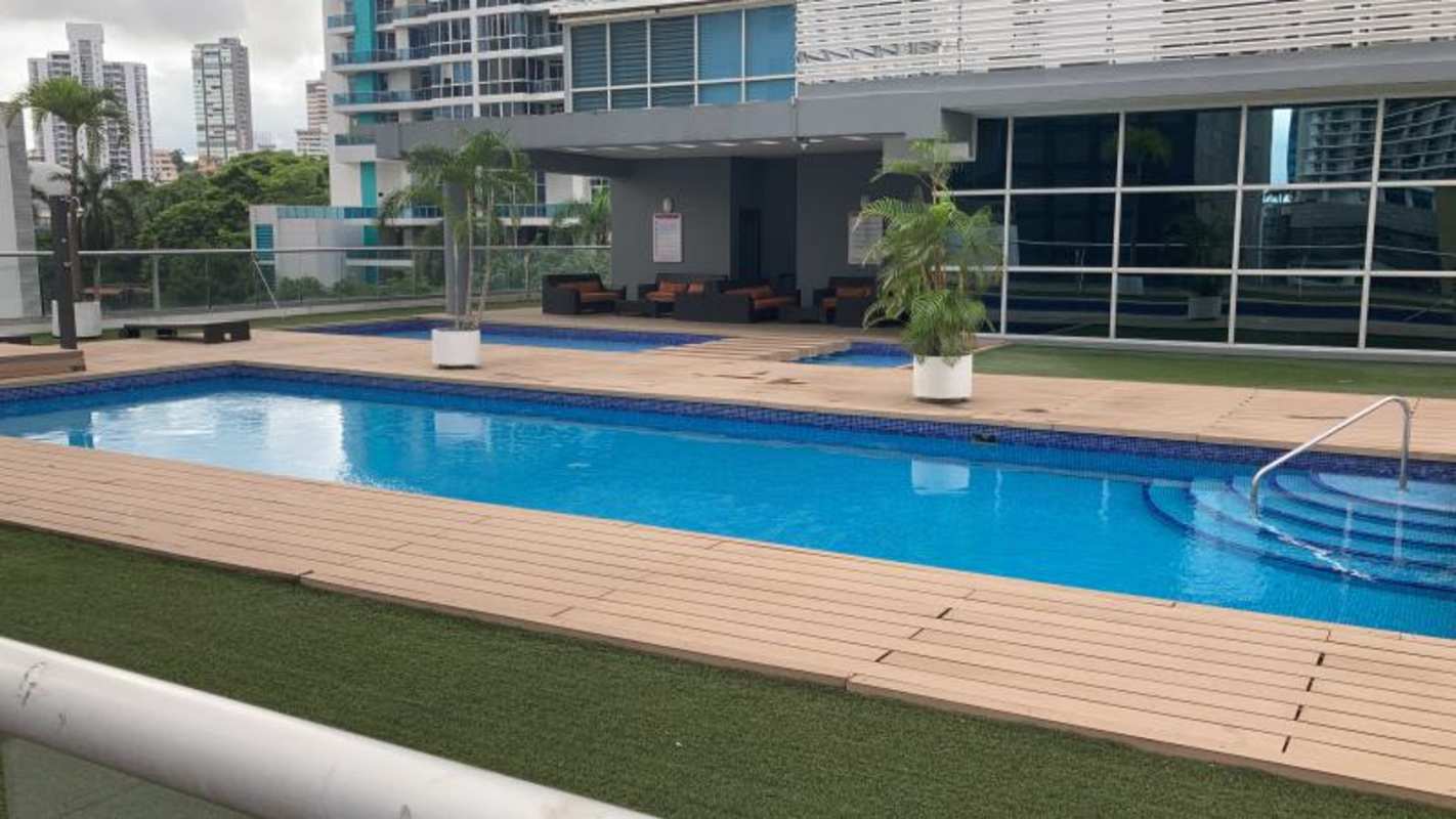 Aerial cityscape with bayside roads skyscrapers near Edificio Colores de Bella Vista Panama