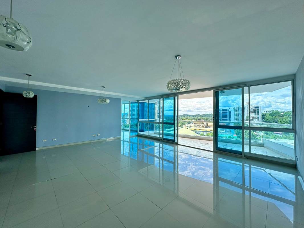 Large open living and dining space with panoramic city view balcony Vista Hermosa Panama City