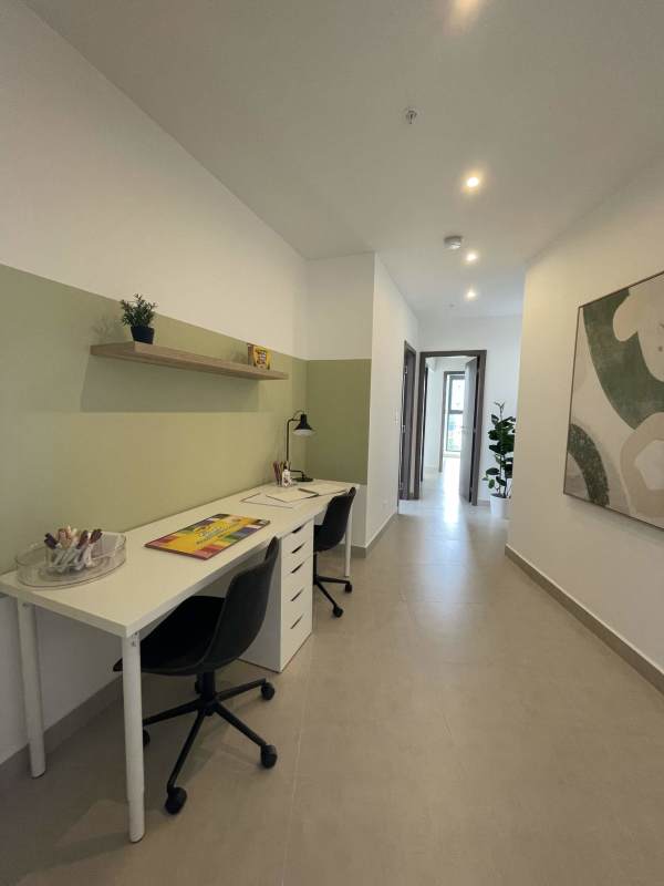 Hallway with built-in study desk at Cranc Tower modern condo in El Cangrejo Panama