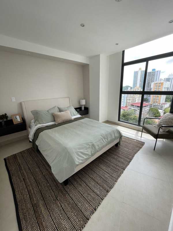 Children's bedroom house frame bed window city view Cranc Tower Panama City