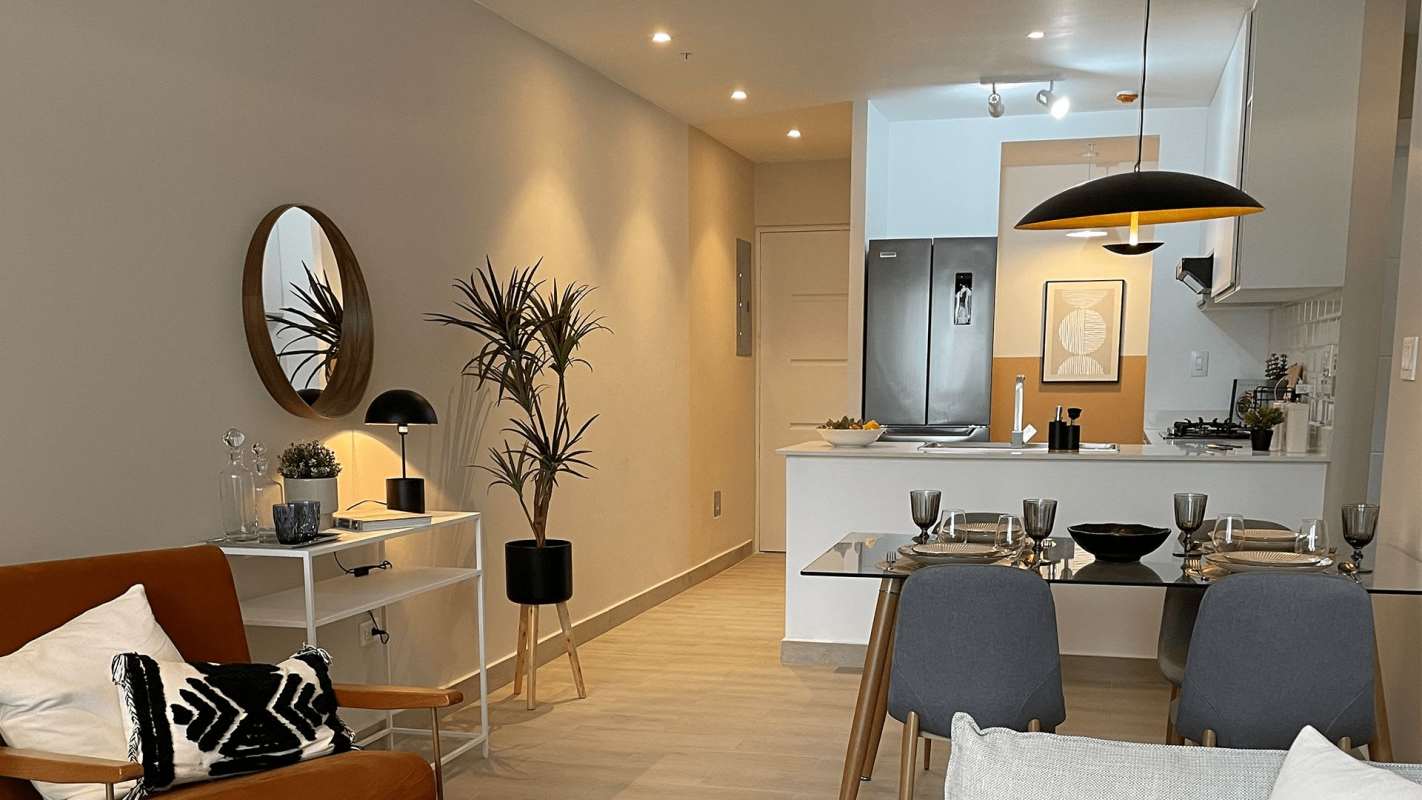 Minimalist bedroom with skyline view in Sky 66 San Francisco Panama