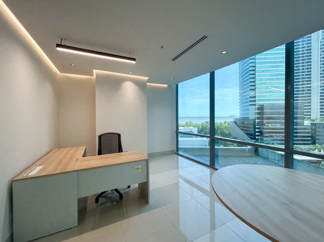 Private executive office with panoramic glass windows in Costa del Este Business Tower Panama City