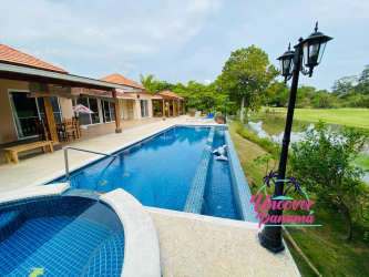 Mediterranean style house backyard with private pool, jacuzzi, terrace and garden in Costa Blanca Resort Panama