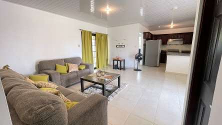 Open living and dining area with tile floors and windows in corner house David Panama