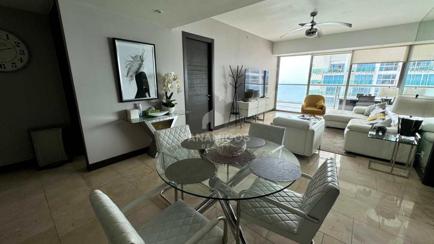 Grand lobby with luxury finishes seating areas at The Ocean Club Punta Pacifica Panama