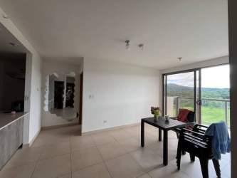 Contemporary dining and living area with large windows and access to pool view balcony