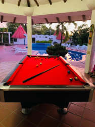 Tropical style outdoor game area pool table ping pong patio vacation villa Gorgona Panama