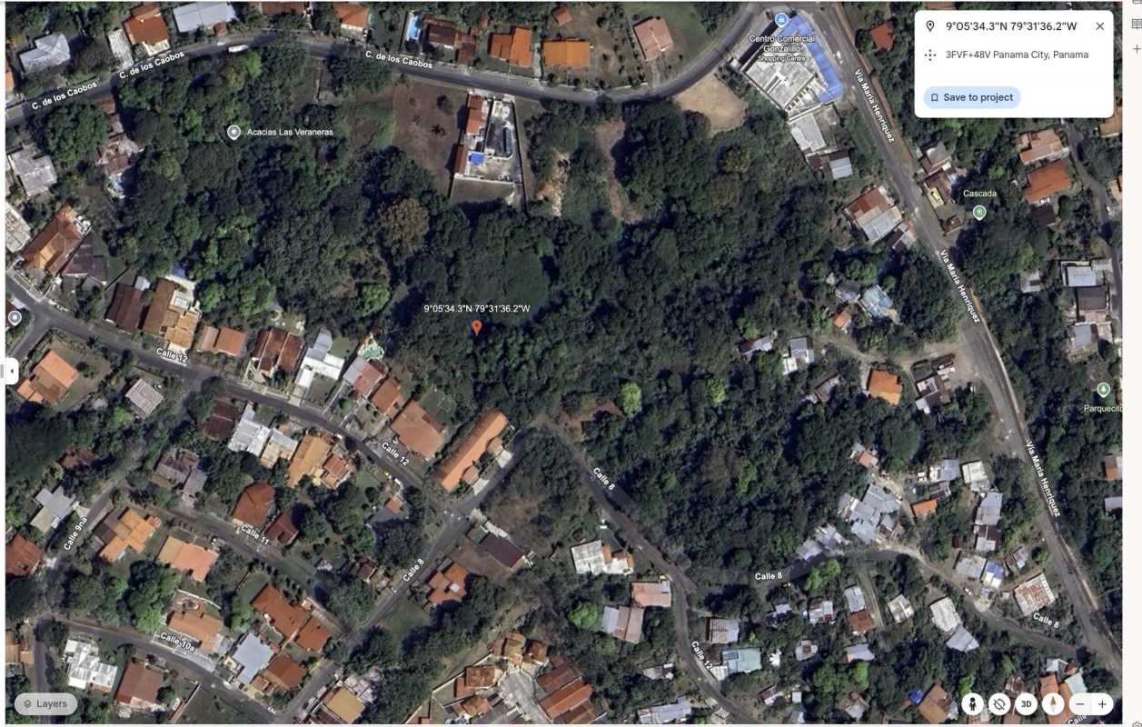 Aerial photo of Villa Zaita neighborhood in Panama City with green zones, roads, residential houses