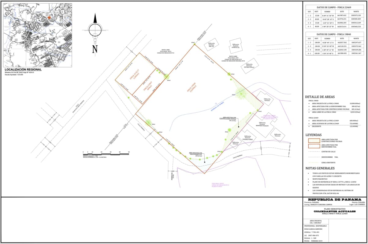 Cadastral aerial view with lot boundaries, roads, surroundings of Villa Zaita development land Panama