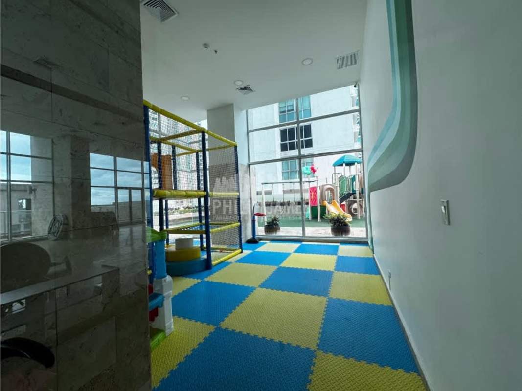 Modern open plan living dining room with balcony ocean view apartment PH Oceanaire Panama City