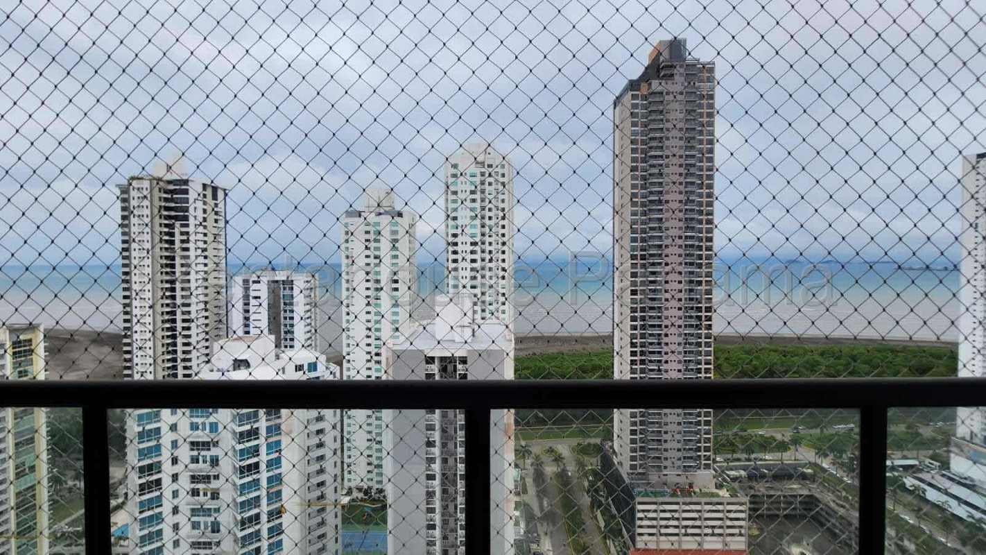 High floor balcony with ocean and skyline view safety netted at PH Costa del Este Panama City