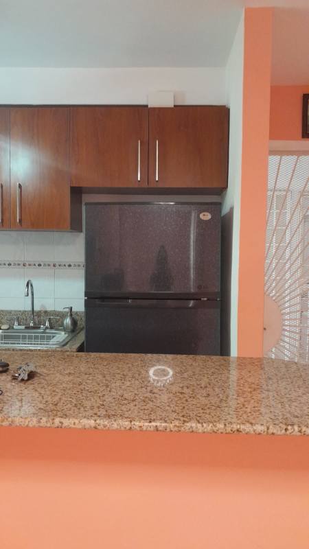 Modern kitchen with granite countertop, wooden cabinets, black refrigerator at Villa Margarita Parque Lefevre