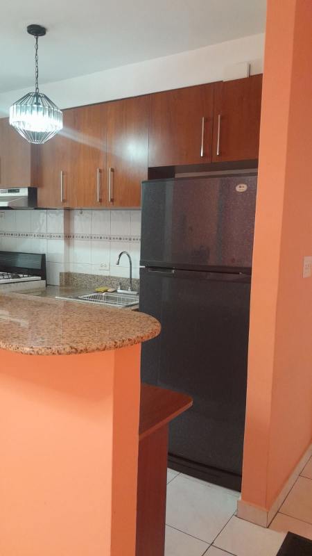 Contemporary kitchen with granite countertop, wooden cabinets, refrigerator at Villa Margarita Parque Lefevre